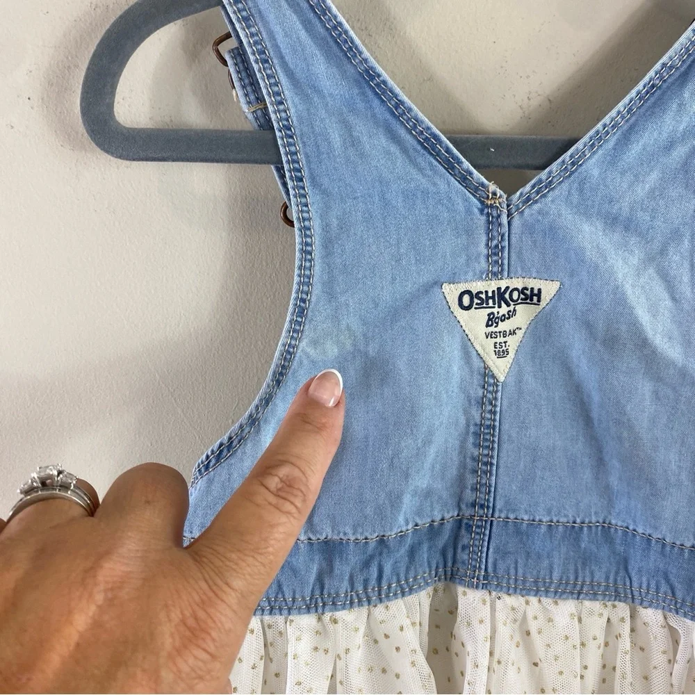 OshKosh B’Gosh Infant Girl Mixed Media Polka‎ Dot Denim Overall Dress Sz 24M